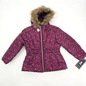 Rothschild Girls' Purple Heart Print Puffer Jacket with Faux Fur Hood Sz 3T NWT